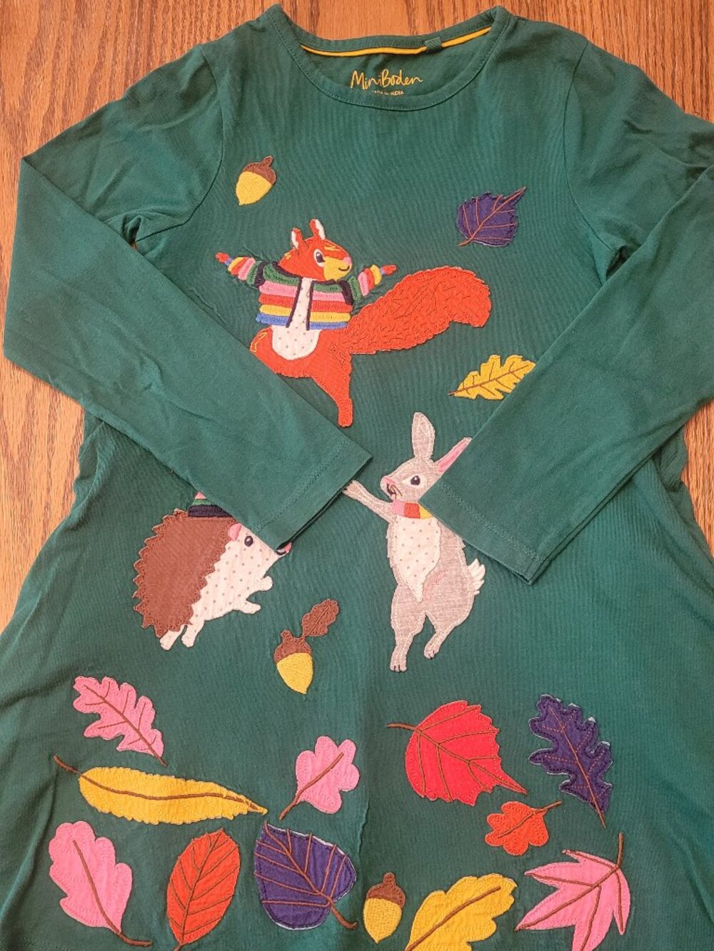 Mini Boden Halloween Fall Dress - Size 7-8 - Leaves Hedgehog Bunny Acorn Green.
